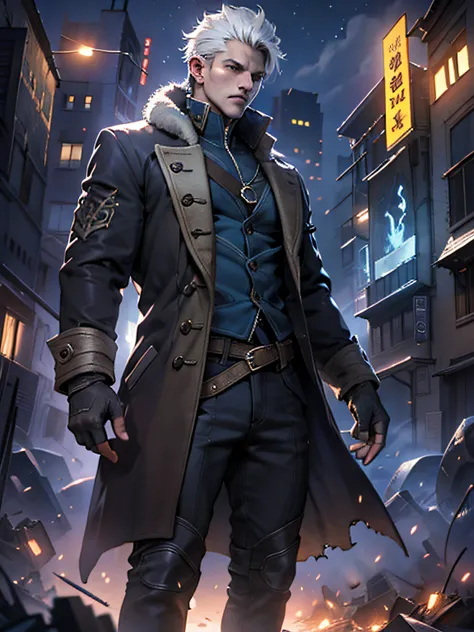 (masterpiece, best quality:1.2), 1boy, dante, white hair, open clothes, coat, fingerless gloves, belt, city, detailed eyes, dest...