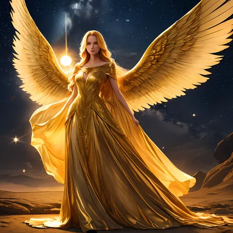 a woman with long, golden hair, with majestic wings on her back, is standing in a nocturnal landscape illuminated by a soft ligh...