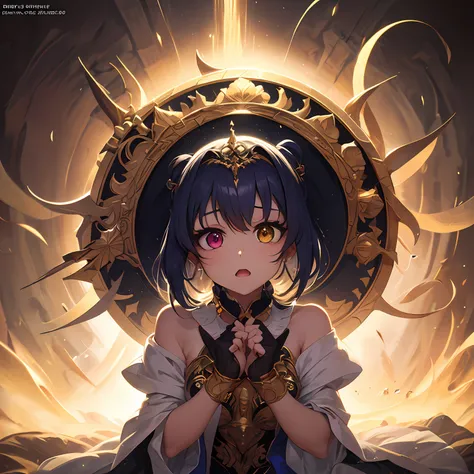 --2d anime --Anime --Primeiro trabalho --anime premiado, --Garota elfa (((--Heterocromia))) --Cabelos brancos longos --Pose sedutora deitada na cama --Seios pequenos --Bunda pequena --Estilo "Loli" --expression of shame --using healing magic on a dog, --pa...