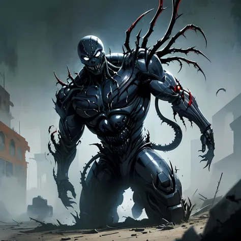Sinister-looking Cyborg Demon Spawn infected with Venom Symbiote, inspired by Todd McFarlanes artwork, capturing the dark and gritty ambiance of Image Comics and DC Comics. Action-packed shot set in a battlefield, portraying a terrifying and villainous pre...