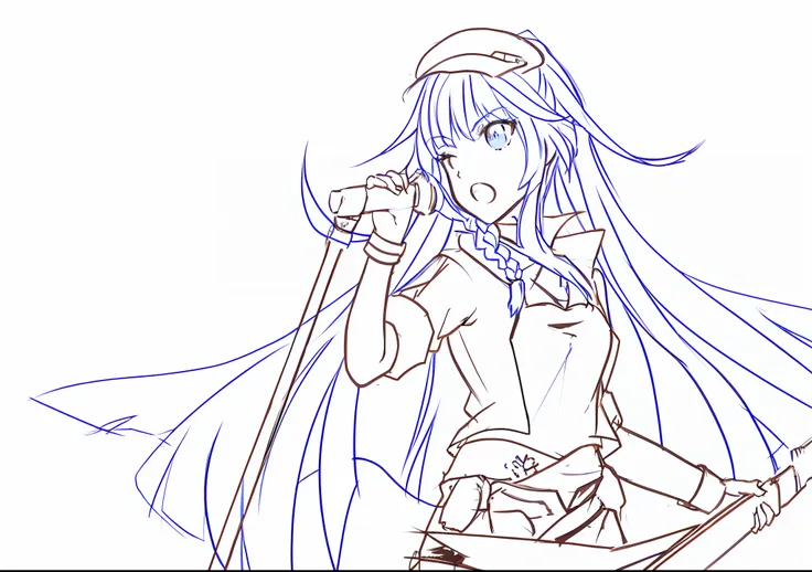 long whitr hair，anime girl with sword in hand, clean anime outlines, line sketch!!, line art!!, heavy outline, sketchy artstyle,...