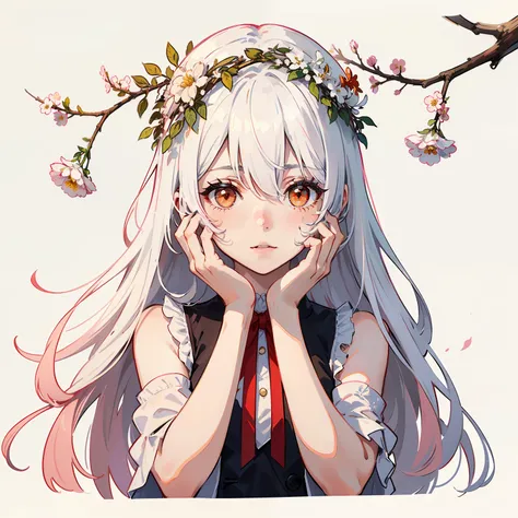 (1girl:1.2), (white hair:1.2), long hair, white eyes, light pink hair ornament, long bangs, hair between eyes, portrait,
white and pink dress, outline,
(hands on own face:1.2)
(white background:1.3), (Brownish red branches full of small white flowers:1.25)...