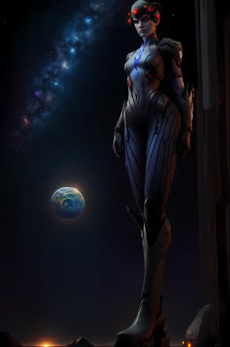 widowmaker, looking at viewer, death glare, visor, bodysuit, ponytail, skyscraper, solo, sunlight, best quality, (((towering ove...