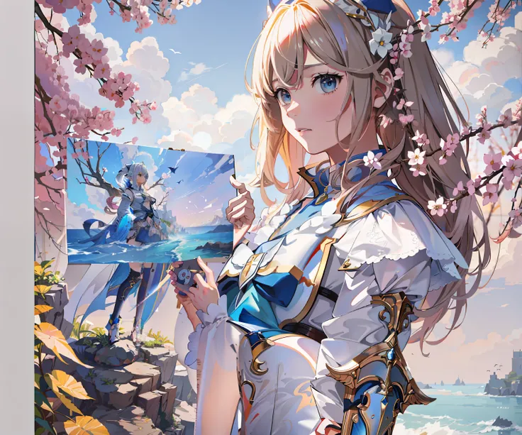 Anime girl holding a painting of a blue bird and a man, cushart krenz arte chave feminina, anime fantasy illustration, arte de fantasia de anime, granblue fantasia, arte de anime digital detalhada, anime de fantasia bonito, 2. 5 d cgi anime fantasia arte, ...