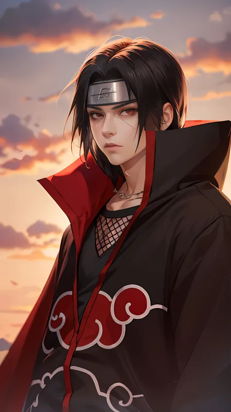 (masterpiece, best quality:1.2), red theme, solo, male focus, 1boy, uchiha itachi, expressionless, closed mouth, looking at view...