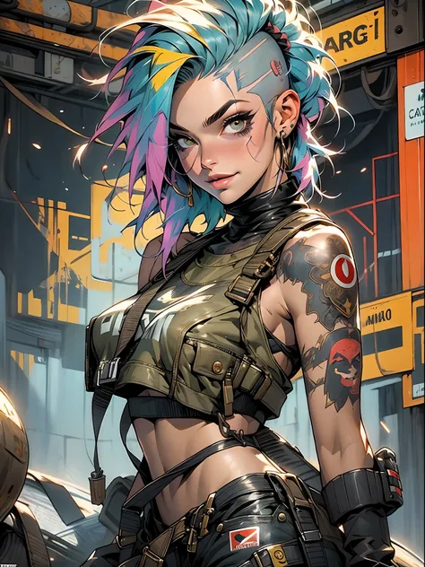 corpo inteiro, master part, best quality, super detalhe, 8k, mulher linda, Tank Girl com cara de maluca, sorriso malicioso , cabelo moicano colorido, garota punk, post-apocalyptic world, (( menina do tanque )), Nijistyle, roupas rasgadas e sujas, moicano c...