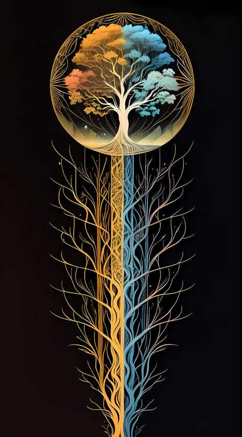 there is a tree，the trunk is long，the trunk is long，the trunk is long，there is a tree inside, cosmic tree of life, simple tree f...