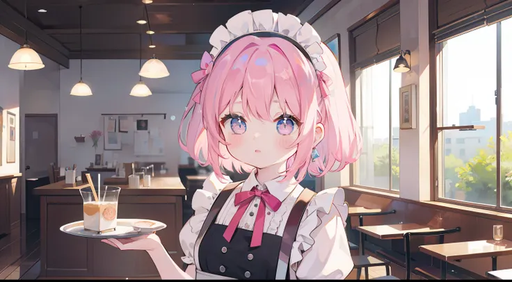 one girl、pink hair、​masterpiece、top-quality、top image quality、cute little、side tail、maid clothes、maid cafe、carry dishes、panic