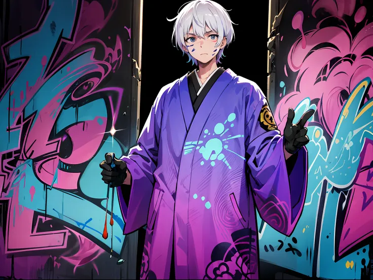 ,cartoon image of a man wearing purple gloves standing by a purple graffiti wall, the style of the night core, splatted paint, k...