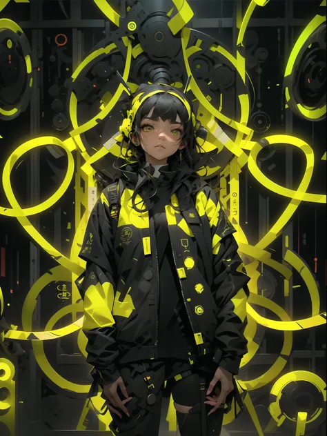 1ghotic girl with black and yellow techwear clothes, circles neon in background