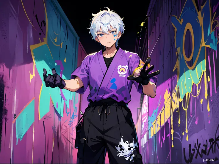 ,cartoon image of a man wearing purple gloves standing by a purple graffiti wall, the style of the night core, splatted paint, k...