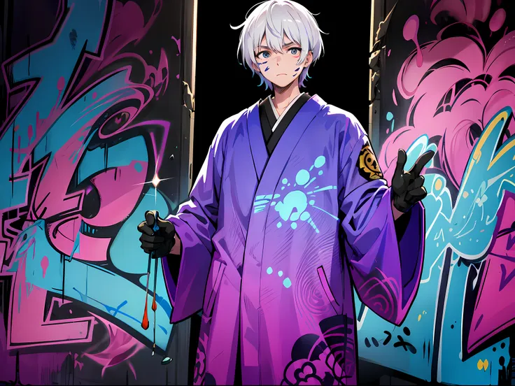 ,cartoon image of a man wearing purple gloves standing by a purple graffiti wall, the style of the night core, splatted paint, k...