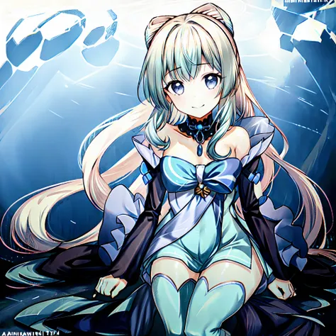 1girl, ((solo)), long hair, hatsune miku, dress, barefoot, kneeling, ((very long hair)), blue hair, blue eyes, ((green celtic cl...