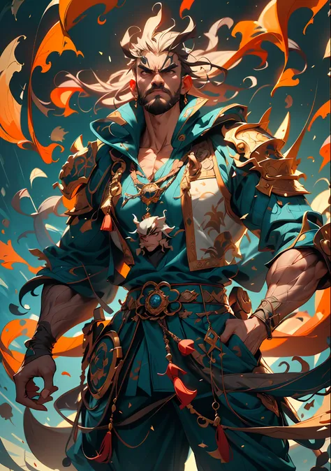 A middle-aged man with a powerful aura emanating from his entire body, his eyes wide open in anger, and his mouth roaring, He is dressed in a simple yet dignified blue-patterned cloth armor with a white base, This character design is reminiscent of Chinese...