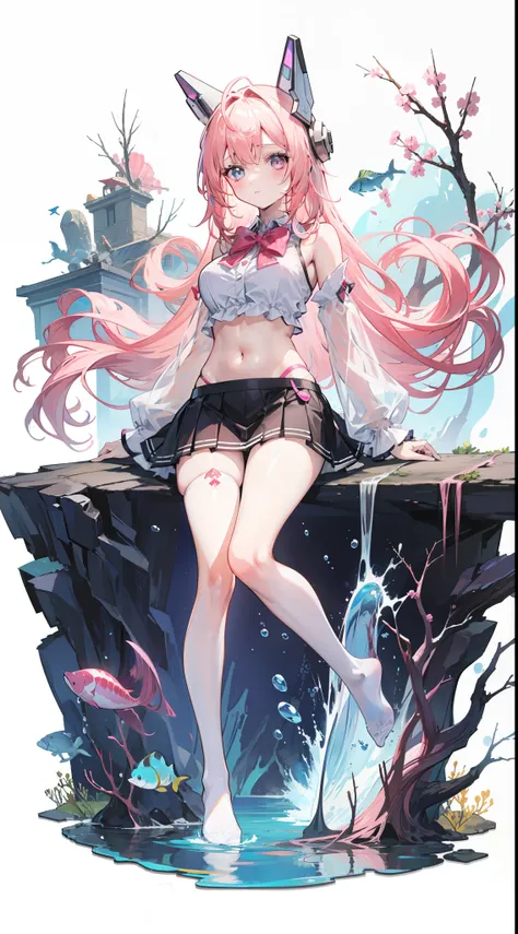 Masterpiece((tmasterpiece)),(white short blouse),((black micro skirt)),(White transparent stockings),(No shoes on),adolable,Raised sexy,is shy,(Long pink)Hair,red bowtie,head gear,long leges,(At the bottom of the sea),Open navel