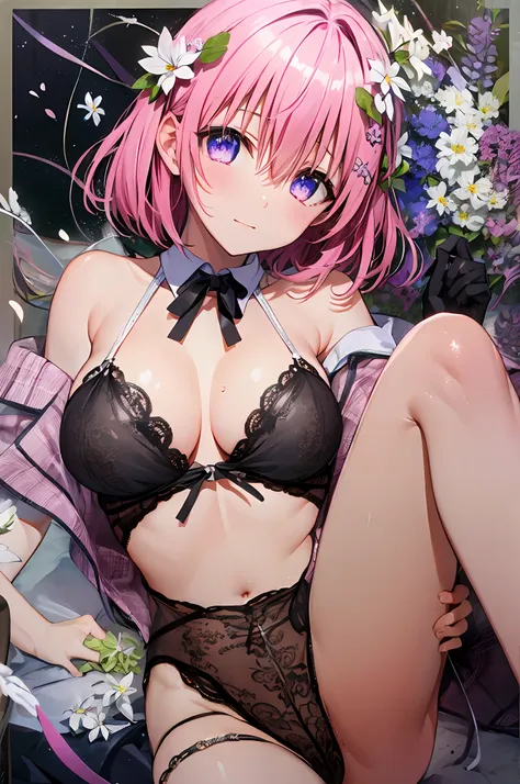 momo velia deviluke， ph momo， momohd， momo， 独奏， 1girll， pink hair， purple eye， short detailed hair， hair flower， largeeyes， blac...