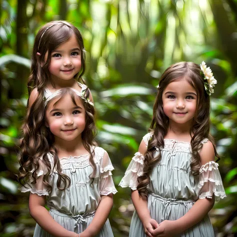 full length portrait of young children with white skin , ojos verde claro , brown-hair , easy smile and xena clothes , la prince...