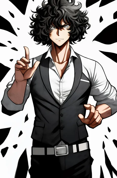 personagem de anime com cabelo preto e uma camisa branca e colete, kentaro miura manga art style, kazuya tsurumaki, cara bonito ...