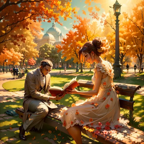 imagine a scene where a woman is walking through the park on a sunny afternoon. she wears an elegant dress that enhances her bea...