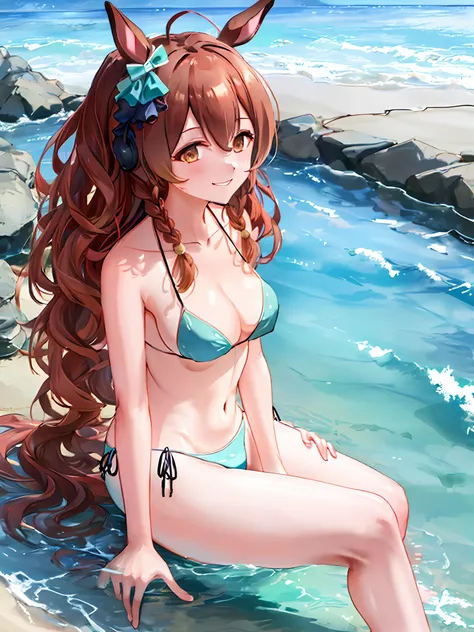 Mejiro_Bright_(Umamusume), 1girl in, Solo, Umamusume, Horse Girl, Horse ears, Horse tail, Brown eyes, Brown hair, Long hair, lightsmile, ear bow, happy smile,girl friend,(White Bikini:1.5),summer vacation,private beach,perfect anatomy,from side