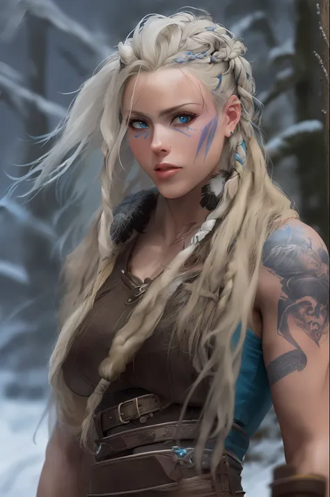 solo female viking, (young:1.2), (muscular:1.2), fit, wearing brown furs and hides, (wearing furs:1.3) (blue norse tattoos:1.2),...