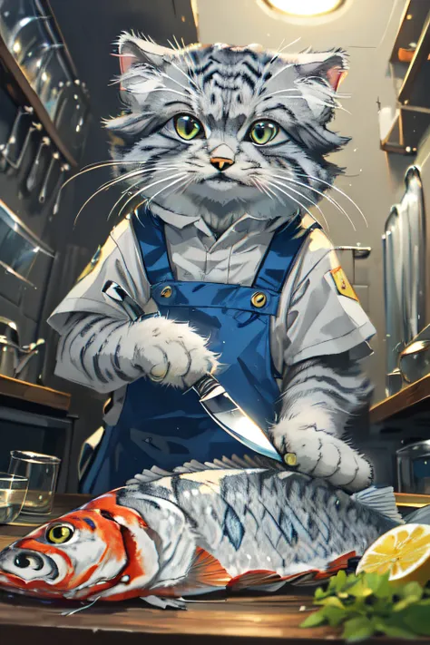 close-up photography of (grey tabby cat:1.2) (cuts the fish with a knife on the table:1.2), (c4ttitude:1.3), in glasstech kitche...