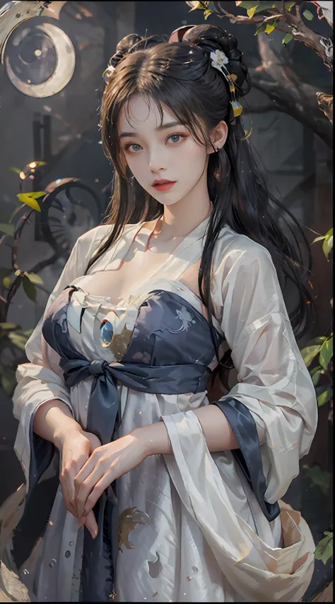 a 20-year-old woman, a girl Chinese fairy, gloom face, beautiful Chinese fairy tale face, beautiful face without flaws, slender body, fair skin, thin and beautiful lips, soft smile, keep your mouth shut again, (The scene of the moonlight is magical:1.8), t...