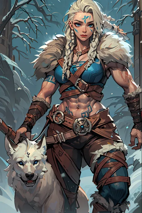 solo female viking, (young:1.2), (muscular:1.2), fit, wearing brown furs and hides, (wearing furs:1.3) (blue norse tattoos:1.2),...