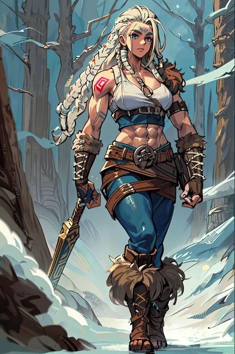 solo female viking, (young:1.2), (muscular:1.2), fit, wearing brown furs and hides, (wearing furs:1.3) (blue norse tattoos:1.2),...