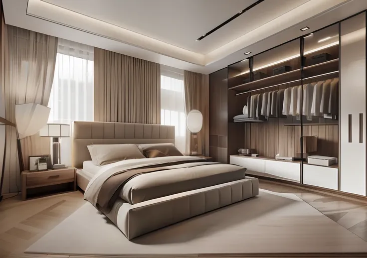 There is a bedroom with a cozy master bed, modern rustic walnut wood, Simple clean lines, smooth clear lines, high ceilings, Detailed wide shooting angle, Rendering is highly photographic, modern rustic blue", Walnut accents, Detailed rendering, by Austin ...