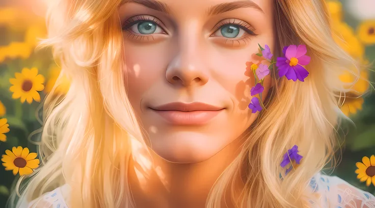 linda mulher jovem, 25 anos, admira as borboletas muito coloridas no jardim com flores lindas e coloridas. Her blonde hair is illuminated by the sun shining in the sky, criando um efeito de harmonia e alegria. Ela tem uma pele clara e um sorriso doce, que ...