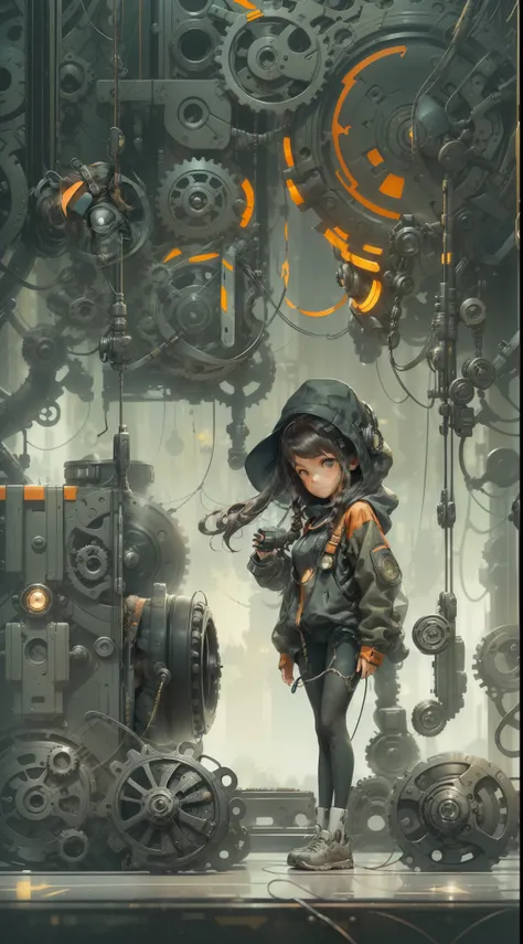 (cute girl:1.2, techwear clothes, mechanic spider, cables, gears, circles, fractals, artstation, cgsociety, art by pascale campi...