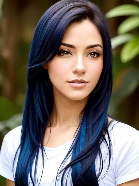 Uma bela mulher cabelo azul, realista, detalhado, olhos azuis, delicada, fine strokes, cabelos ao ventos, linda, pele branca, detalhe no cabelo