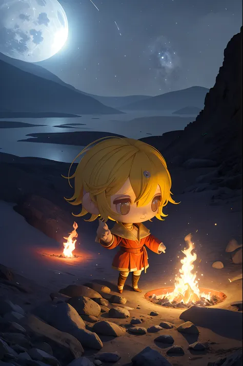 (((chibi 3d)))standing on a rock、wearing a flowing red robe、create nocturnal artwork depicting a beautiful goddess casting a spe...