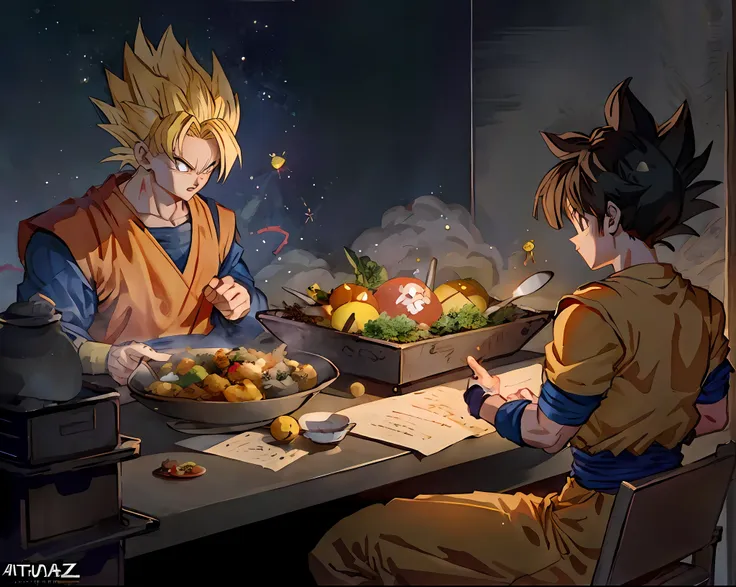 anime characters sit at tables and eat together, dragon ball artstyle, high-quality fanart, dragon ball style, detailed fanart, ...