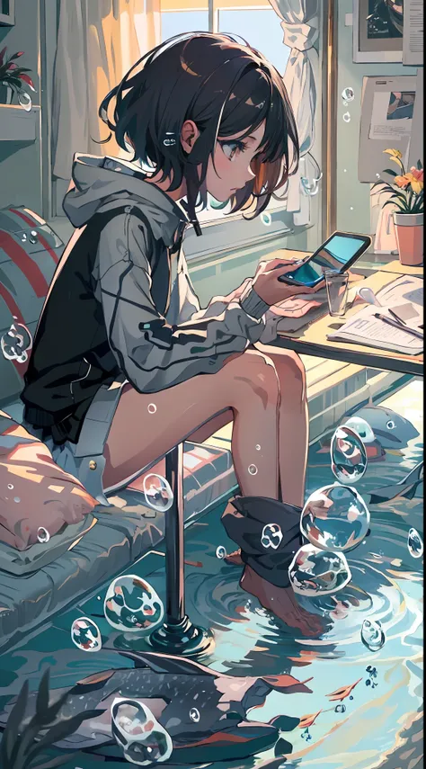 linear art,
1girl in, Solo, Short hair, Black hair, Long sleeves, Sitting, Barefoot, Indoors, hoods, Bare legs, phone, The table, knees up, desk work, Fish, Bubble, under the water, Air bubble,