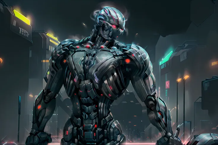 (ultron:1.3), (pilotando motocicleta futurista:1.2), cidade movimentada ao entardecer, neon lights reflecting the steel body, ca...