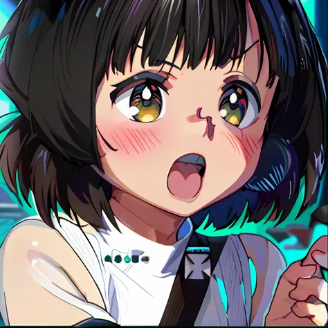 Menina anime com cabelo preto e olhos verdes fazendo um rosto, anime moe artstyle, visual anime de uma menina bonito, Close Up Iwakura Lain, imagem de anime shuushuu, Fubuki, anime melhor garota, Yuyushiki, Chiho, Iwakura Lain, Shikami, ela tem um rosto ex...