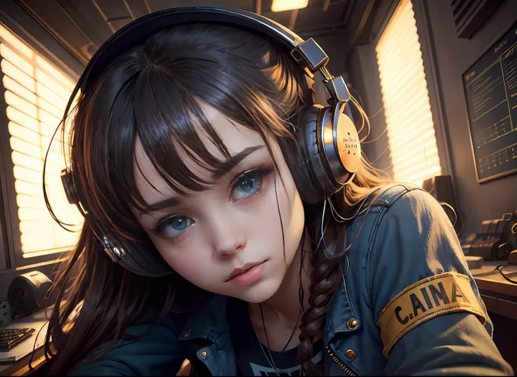 studio girl headphones hacker computer warm color soft light, Art Deco, high detail, Social realism, interior architecture, anime, chiaroscuro, cinematic lighting, UHD, masterpiece, ccurate, anatomically correct, textured skin, super detail, high details, ...