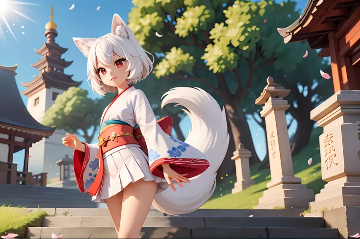 fox girl, short hair, white hair, wolf ears, red eyes, detached long sleeves, white kimono, pleated miniskirt, fox tail, the fox...