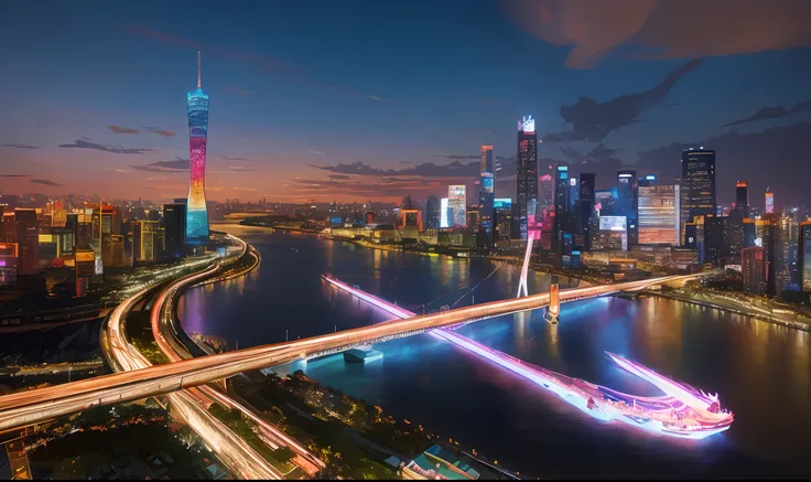There is a picture of a poster of the city with a boat,The details are low。digitial painting,Stylized digital illustration,illustration matte painting,Li Tiefu,Rossdraws Global Lighting,Detailed 2D illustration,stunning digital illustration,Digital Illustr...