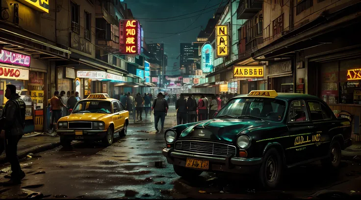 um taxi na chuvosa cidade cyberpunk bustling with neon signs(((cinematic lighthing))), noite, chuva, luz suave do cinema, adobe ...