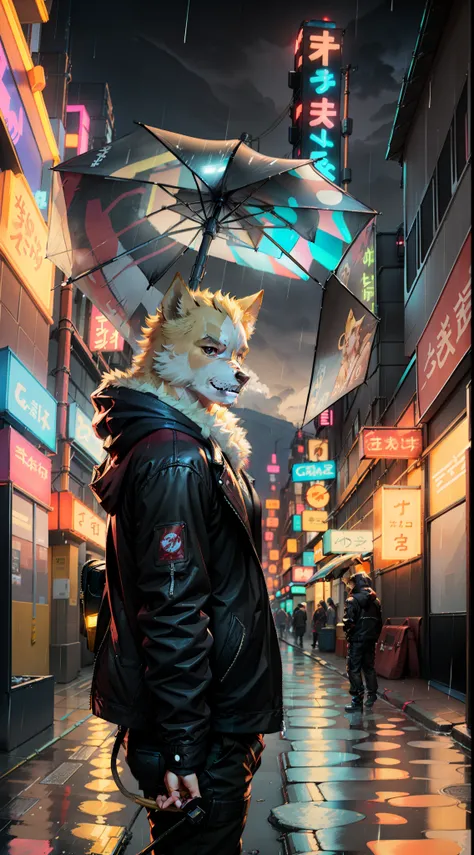 (best qualtiy,tmasterpiece:1.3),Cooper Cragg rainy day,mist,alleys,umbrellas,Large and transparent umbrella,Wearing a black leather jacket,looking at viewert,facing the photo,Cyberpunk-city,Alone in the alley,Neon lights in the alley,Very reflective city,Y...