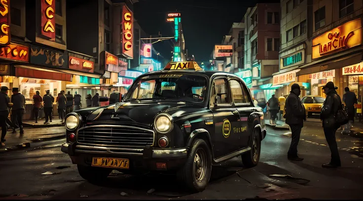 um taxi na chuvosa cidade cyberpunk bustling with neon signs(((cinematic lighthing))), noite, chuva, luz suave do cinema, adobe ...