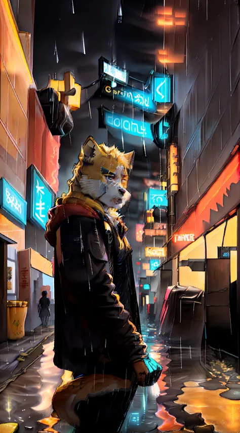 (best qualtiy,tmasterpiece:1.3),Cooper Cragg Rainy days,Mist,alleys,Umbrellas,Large and transparent umbrella,Wearing a black leather jacket,looking at viewert,facing the photo,Cyberpunk-city,Alone in the alley,Bright black eyes,Very reflective city,Yellow ...