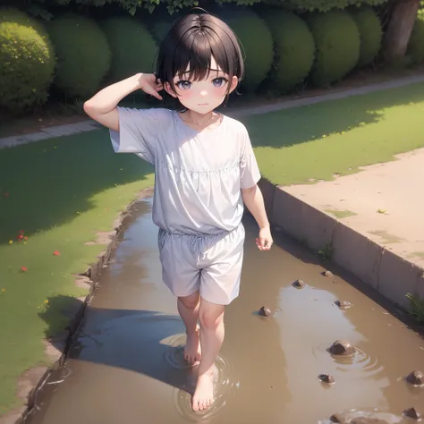 a 6-year-old child walks barefoot in the mud，slightly fat，white top，untidy bangs，shota，barefoot，sludgy，dirty，footprints。and the ...