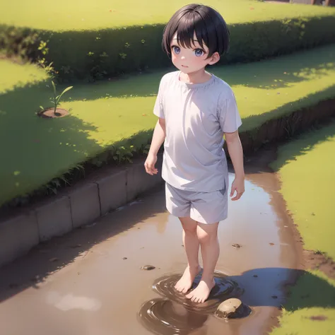 a 6-year-old child walks barefoot in the mud，slightly fat，white top，untidy bangs，shota，barefoot，sludgy，dirty，footprints。and the ...