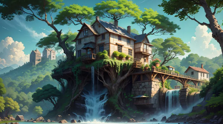 Gigantic colorful trees with many vines, palmeiras, coqueiro, fallen logs, a watermill with a waterwheel, moinho de vento, numa cachoeira exuberante, rio com grandes rochas hiper realista, sky with clouds, sol, lua, global ilumination, profundidade de camp...