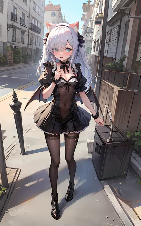 tmasterpiece，1girll，独奏，cat ear，（coda），hair on one eye，demon_Wings，little breast，Blue_Eyes，Be red in the face，with her mouth open，Low wing，black lence stockings，（（standing on your feet）），（On the street）
