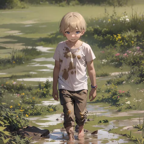 a 6-year-old boy walks barefoot in the mud，slightly fat，white top，untidy bangs，shota，barefoot，sludgy，dirty，footprints。and the su...